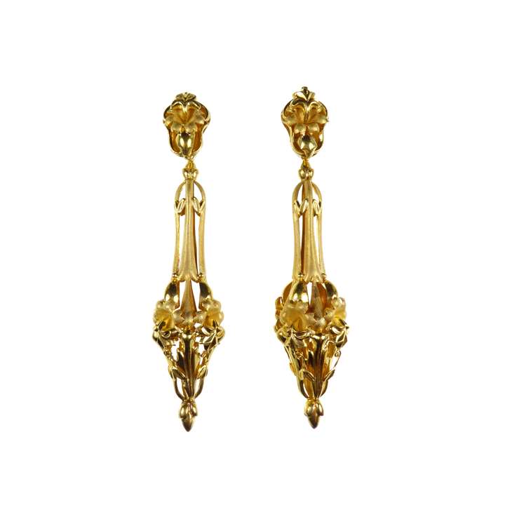 Pair of 19th century gold repousse floral and foliate drop pendant earrings